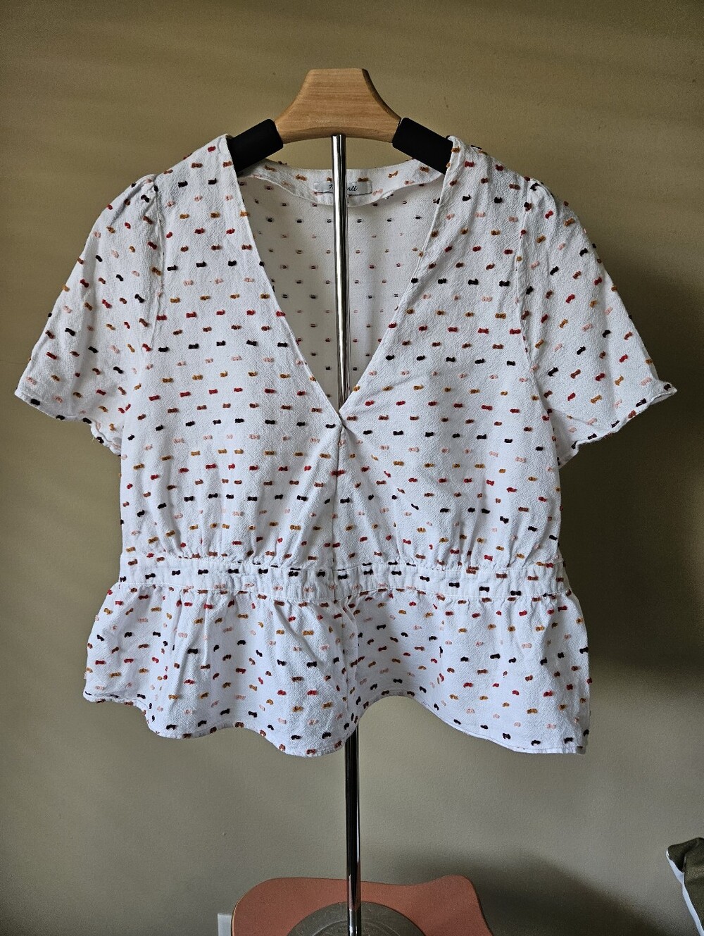 Women's White Peplum V-Neck Top with Multicolor Dot Print